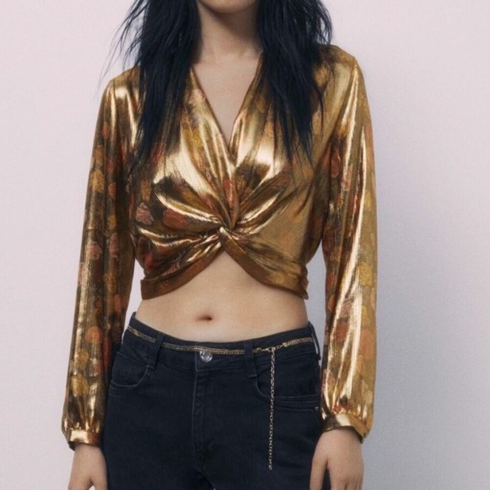 NWOT Zara plunging neck metallic gold crop top. XL